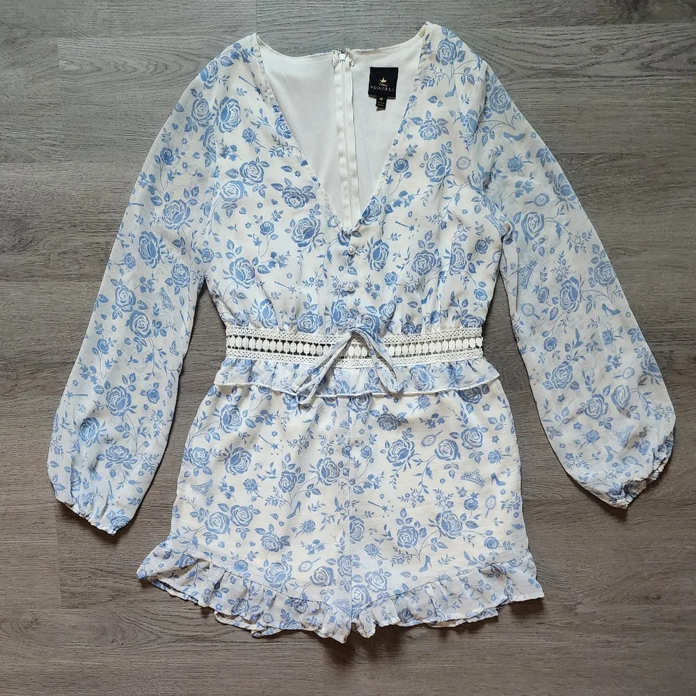 Disney Princess Junior's Cinderella Floral Long Sleeve V-Neck Romper Medium M